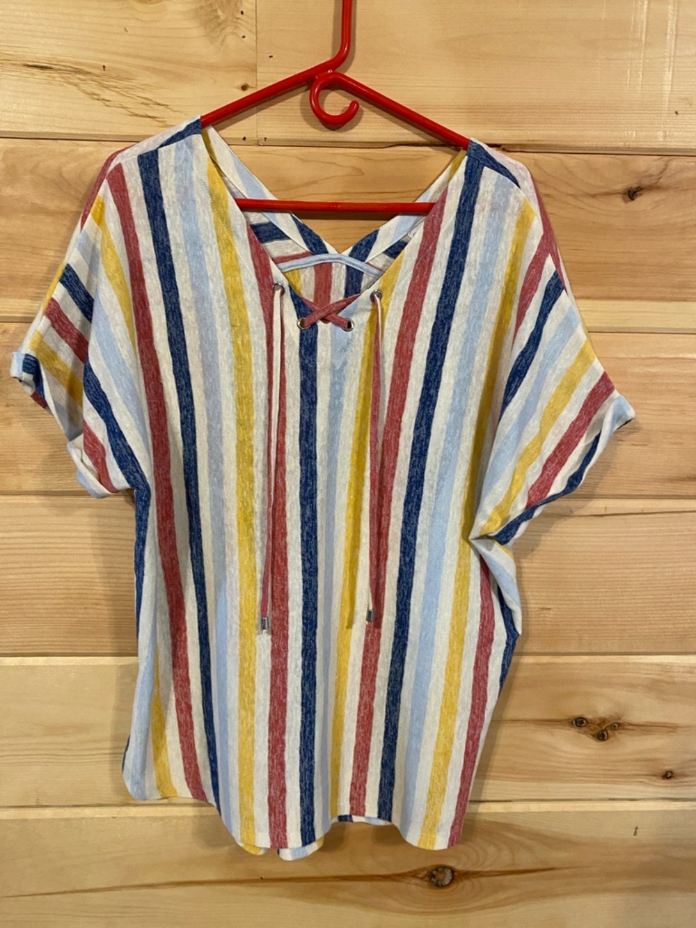 $13-xl Rafaela Striped Lace-Up V-Neck Top in Blue, White,Yellow & Red